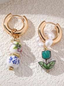 2 buc Cercei ceramici cu fluture și flori, cu mărgele, primăvară/vară, picătură de ulei cu perle artificiale, multicolori, potriviți pentru exterior, plajă, naveta, accesorii de zi cu zi