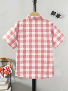 Camisa polo xadrez casual para meninos, manga curta, adequada para uso diário, passeios, férias, festas - Rosa - Ver 2