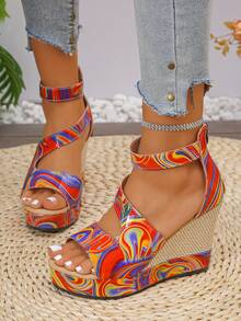Giày sandal đế xuồng cho nữ, sandal đế xuồng cỡ lớn kiểu Âu và Mỹ, sandal cao gót đế xuồng phối màu thời trang, sandal cao gót xỏ chân. - Đỏ - Xem 4