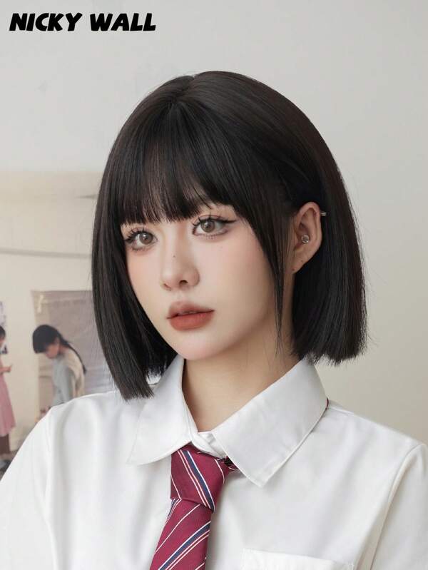 NICKY WALL Dark Brown Bob Wigs For Women Short Straight Cute Wig With Bangs Natural Fashionable Synthetic Heat Resistant Fiber Wig For Girls Daily Party Use 12 Inch ( Black-Brown )