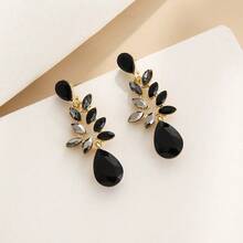 Simple & Versatile Women's Drop Shaped Pendant Earrings With Synthetic Gemstones, Creative Design Jewelry, Gift For Party, Festival Commemoration, Matching - Black - View 7