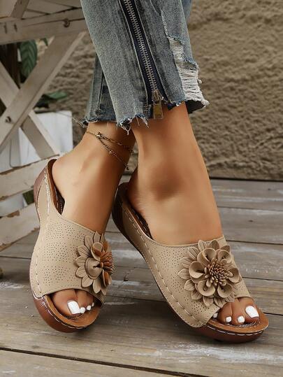 Women Platform Floral Wedge Slide Sandals, Polyurethane Sole Thick-Bottomed Slip-On Wedge Slippers
