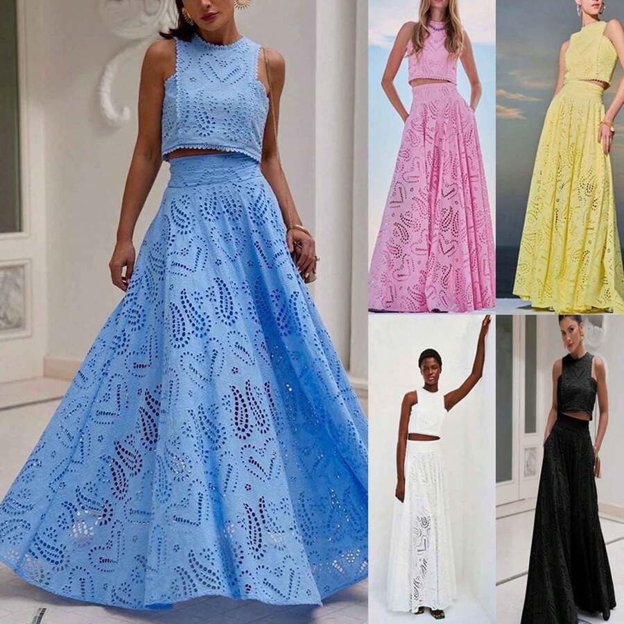Conjunto de dos piezas para dama de estilo moda de resort de verano con bordado, top corto de cintura alta con bolsillos y falda vaporosa de media falda como ropa de playa