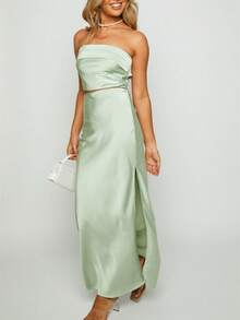 Women Elegant Maxi Skirt Set Strapless Backless Tube Crop Top Slit Long Skirt Floral Satin Two Piece Y2k Outfits - màu xanh lá - Xem 3