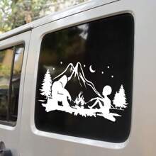 1 Pc Bigfoot And Alien Campfire Vinyl Decal, Waterproof Die-Cut Camping Sticker For Car Truck Rv Camper Trailer Caravan, No-Background