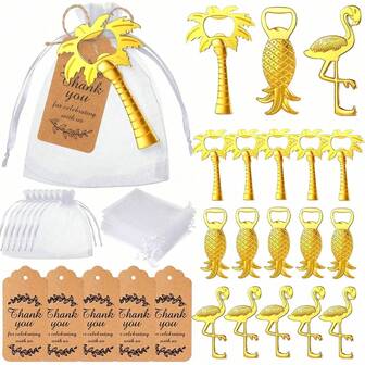 15 Pcs Hawaii Party Bottle Openers Set 5 Gold Bottle Opener With 5 Organza Bag 5 Thank You Tag For Wedding Birthday Shower Summer Tropical Return Gift Favor Decoration(Coconut Tree,Pineapple,Flamingo)