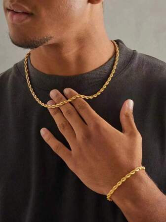 2pcs/Set Gold-Color Stainless Steel 18K Plated Twisted Chain Bracelet And Necklace Combination For Men, Simple Style For Sports And Fashion Accessory