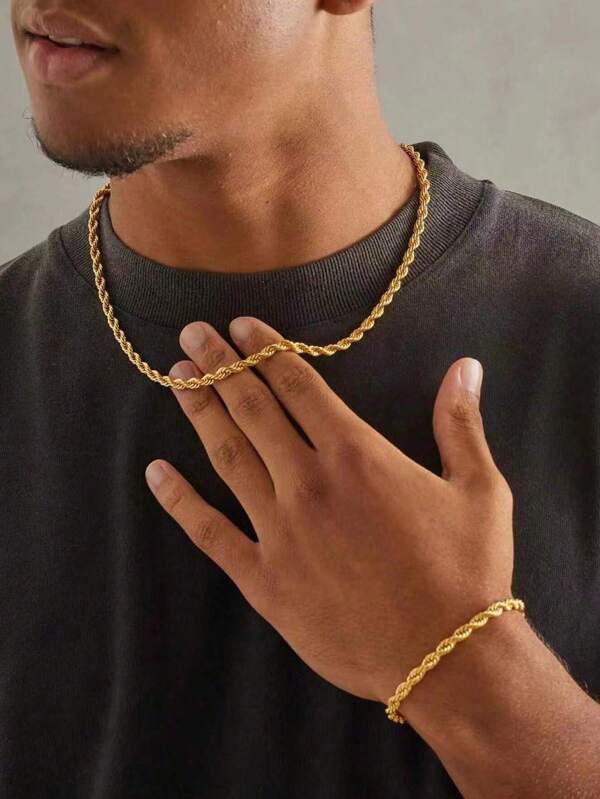 2 Peças/Conjunto Pulseira e Colar Combinados com Corrente Trançada Revestida em Ouro 18K em Aço Inoxidável, Estilo Simples para Esporte e Acessório de Moda