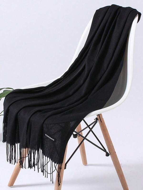 1 Pc Unisex 200*70cm Black Classic Tassel Lightweight Large Scarf, Simple Fashion Commute Thin Sunblock Shawl Soft Warm Windproof Neck Wrap, Suitable For Daily Outing, Dining, Dating Matching