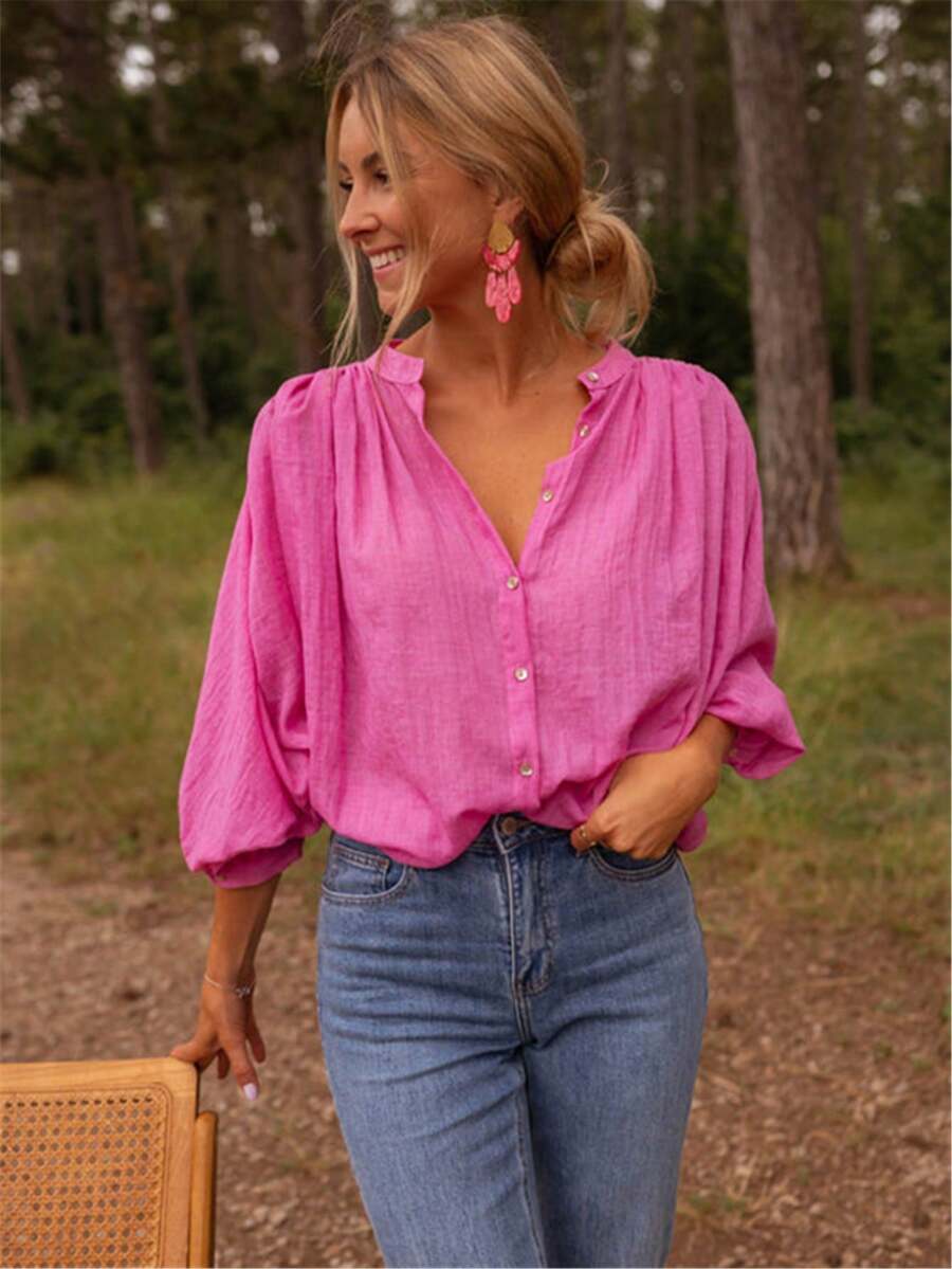 Women's Elegant Light Ruffle Sleeve Button Down Blouse, Spring Summer Loose Casual Chiffon Shirt With Pleated Bell Sleeves, Polyester Fabric, Classic Collar Design - Màu Hoa hồng đỏ - Xem 1