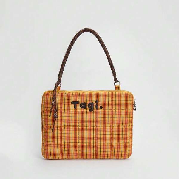 1pc Plaid Pattern Laptop Shoulder Bag, Plaid Pattern Shoulder Bag With Cute Pendant, Suitable For Students, Office Workers, School, Office, Laptop Bag, Shoulder Bag (Without Pendant),For School Supplies,Back To School