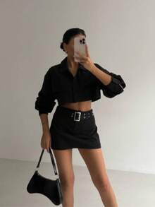 BlackFashion Y2K Cool Street Solid Color Long-Sleeved Short Lapel Shirt And Wide Belt Skirt Two-Piece Set - Black - View 3