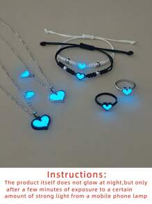 ATLVXJL 6pcs/Set Glow-In-The-Dark Heart Pendant Necklace, Bracelet, And Ring Set, Stainless Steel Magnetic Clasp Couple/Friendship Jewelry, Suitable For Everyday Wear And Valentine's Day Gift
