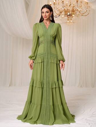 YISIKADO 女士雪纺连衣裙长袖多层带饰镂空腰部 V 领长裙舞会宴会优雅茶会婚礼宾客宴会毕业晚宴节日度假