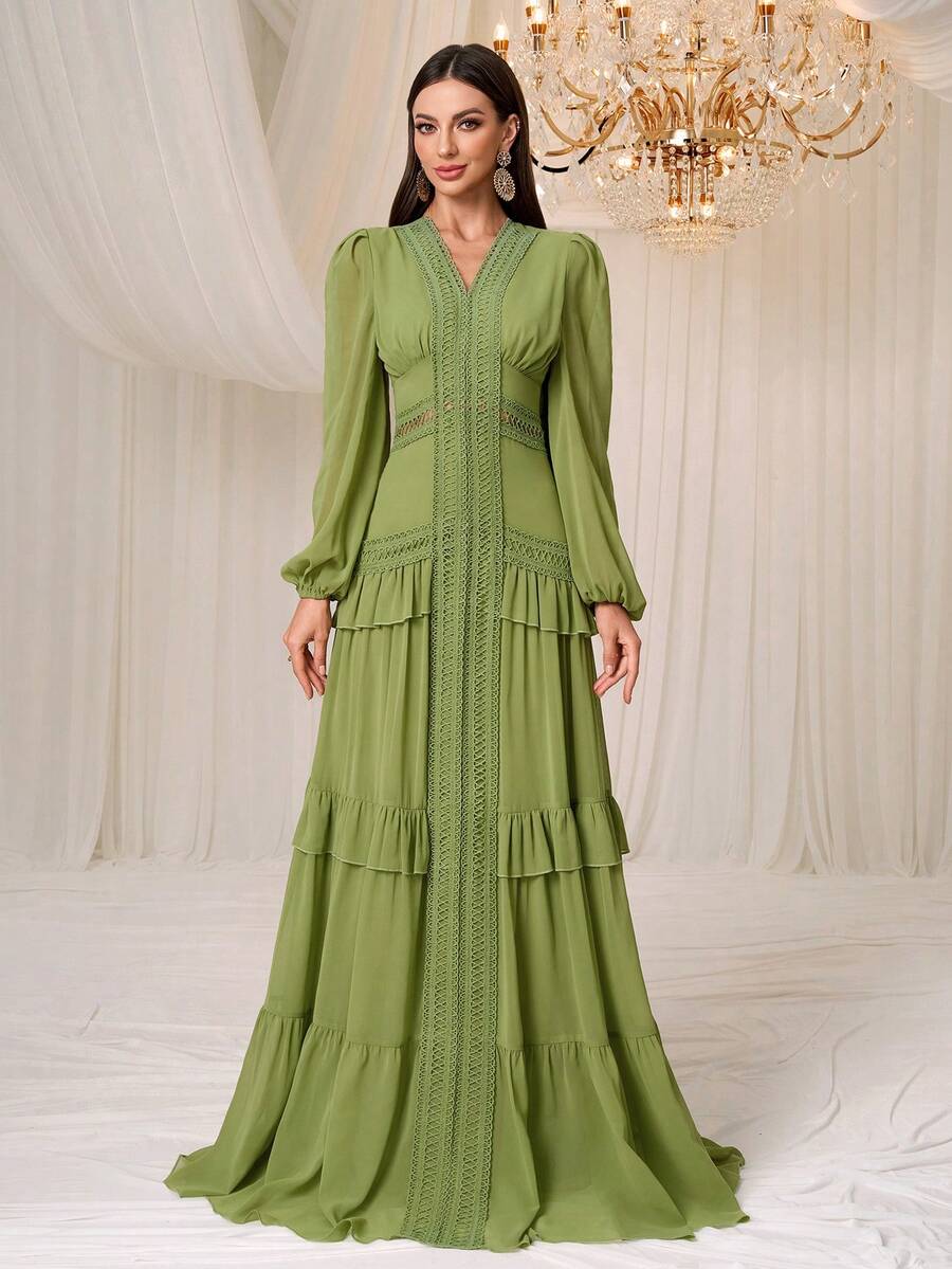 YISIKADO Women Chiffon Dress Long Sleeve Tiered Layer Tape Trim Hollow Out Waist V Neck Long Dress Prom Banquet Elegant Tea Party Wedding Guest Banquet Graduation Dinner Holiday Vacation - Màu xanh Ô liu - Xem 1