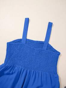 Acelitt 女士纯色方领褶裥拼接口袋休闲度假宽松阔腿无袖连体裤，夏季 - 寶藍色 - 查看 9