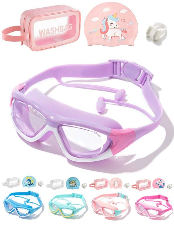 Gafas de natación para niños con gorro de natación de silicona y bolsa de almacenamiento con pinza para la nariz, set de gafas y gorro de natación para niños de 3 a 12 años, anti-vaho y anti-ultravioleta, adecuado para niños y niñas