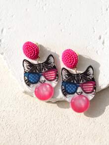 Pink Snail 有趣可爱的泡泡吹眼镜戴猫设计亚克力树脂吊坠耳环，适合女士和女孩、节日、情人节、圣诞节、新年、生日礼物、时尚珠宝