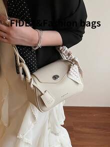 时尚新款女士单肩/斜挎水桶包，简约纯色 PU 皮革蜥蜴纹理设计，围巾包裹手柄，个性金属扣装饰，大容量通勤购物手提包 - 白色 - 查看 4