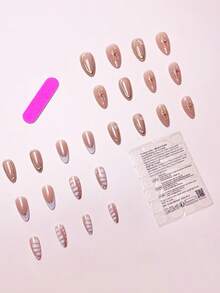 二合一套装：24 件/套 3D 花卉金色边框粉色圆点杏仁形全覆盖假指甲，适合女性和女孩的日常佩戴，包括 1 件果冻凝胶和 1 件指甲锉按压指甲美甲用品指甲 - 彩色 - 查看 3