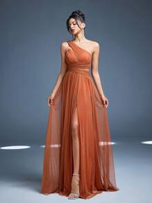 Vestido de dama de honor nueva llegada Mgiacy, con cuello cruzado, brillante, plisado solar, manga farol hueca, de gasa, corte evasé