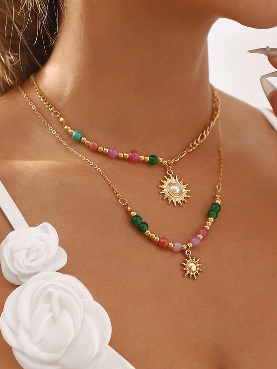 1pc Fashionable & Versatile Vintage Pearl Inlaid Necklace, Elegant Beaded Layered Choker Chain, Suitable For All Occasions, Summer Essential, Gift Choice - Multicolor - View 1
