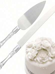 1 套婚礼蛋糕切具套装，包括不锈钢刀片蛋糕刀和服务器，银色，带亚克力仿水晶手柄，非常适合婚礼、新娘送礼会、周年纪念、乔迁和生日礼物 - 彩色 - 查看 2