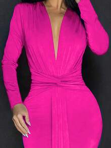 Women's Solid Color Deep V-Neck Twist Design Long Sleeve Cocktail Party Dress - Hot Pink - View 5
