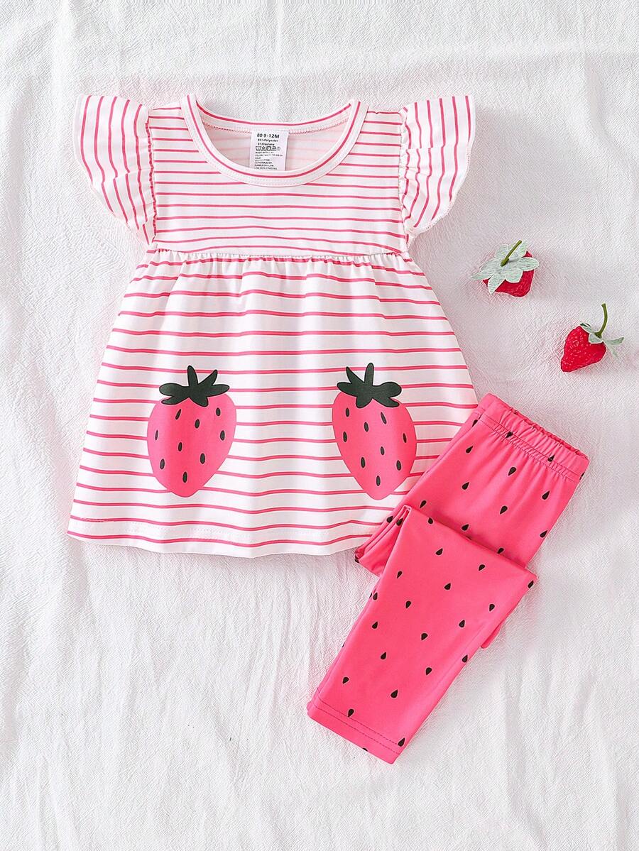 2 件女童夏季服装套装：条纹和草莓印花圆领连衣裙上衣 + 柔软舒适打底裤，适合幼儿的时尚运动休闲套装 - 粉色 - 查看 1