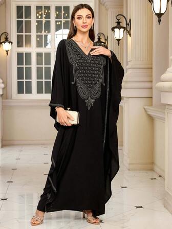 Eleganter bestickter Damen-Bademantel, Große Größen Boho-Stil Fledermausärmel Bademantel Loungewear Set