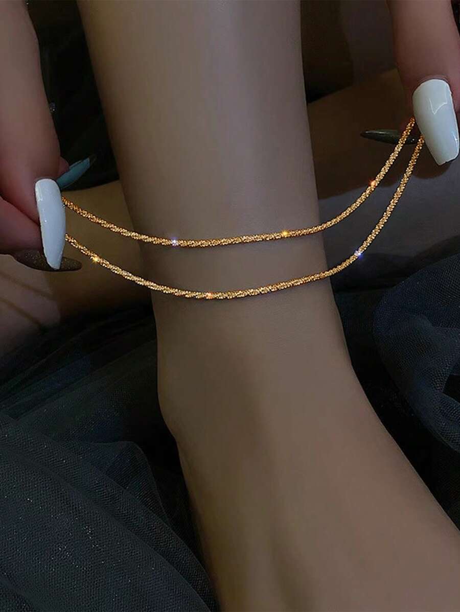 2pcs/Set Fashionable Minimalist Double Layer Shiny Gold Layered Anklet Bracelet, Women Ankle Jewelry, Gift