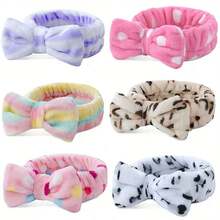 1 Pc Women's Soft Coral Fleece Spa Headband - Adjustable Elastic Hair Band With Bow - For Face Make-Up, Cleansing, Anding - Cute Fuzzy Bow Pattern Hair Ring Set