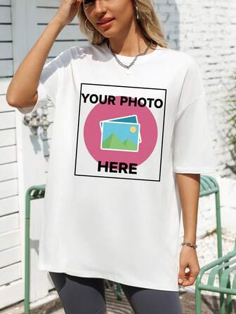 Customized Photo Printed Loose Women T-Shirt, Personalized Christmas Gift, Customize Your Friends/Family/Couples/Scenery/Pet Photos, Birthday/Anniversary/Valentine's Day Pattern On Comfortable Oversized Women Short Sleeve Tee, Autumn Clothing, Halloween/Back To School/Christmas Holiday Customization, Party Gift,Christmas Party Guideline