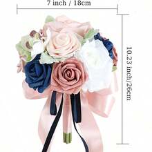 Bridesmaid Bouquet For Wedding, Dusty Rose And Navy Blue Flowers Wedding Bouquet Bridesmaid Tossing Bouquet For Wedding Ceremony Anniversary Bridal Shower Party Decoration, Pink&Blue - 藕粉色 - 查看 3