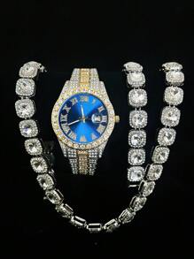 Conjunto de 3 piezas de reloj, collar y pulsera con Rhinestone, Reloj con correa de acero, calendario y caja de regalo para hombres y estudiantes, estilo hip-hop, conjunto de joyería de collar, pulsera y reloj de cumpleaños