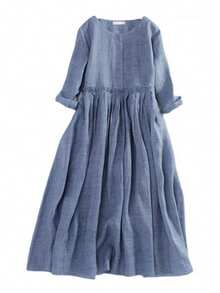 Women Summer Long Beach Dress 3/4 Sleeve Solid Color Round Neck Drawstring Waistband Vacation Dress - 藍色 - 查看 4