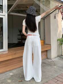 女士水洗阔腿牛仔裤，宽松休闲时尚百搭裤 - 白色 - 查看 2