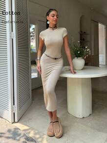 Women's Round Neck Short Sleeve Bodycon Maxi Dress – Stretchy Comfort Fit, Minimalist Silhouette For Coffee Dates, Urban Strolls, Weekend Explorations
