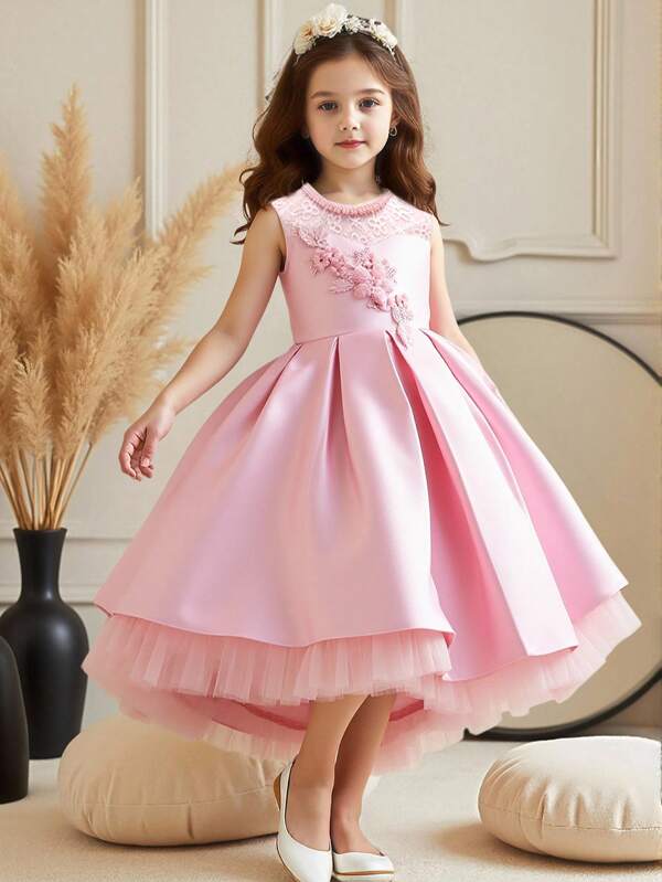 Plus Size Girls' Pink Princess Dress With Long Trailing Lace Floral Bridesmaid Dress, Formal Performance Outfit