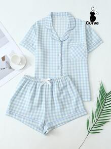 2pcs Plus Size Women's Comfortable Blue & White Plaid Print Single-Breasted Lapel Short Sleeve Top And Shorts Pajama Set, Suitable For Home Wear, Spring/Summer, Outfits, Cool Light Blue