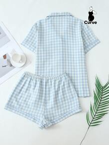 2pcs Plus Size Women's Comfortable Blue & White Plaid Print Single-Breasted Lapel Short Sleeve Top And Shorts Pajama Set, Suitable For Home Wear, Spring/Summer, Outfits, Cool Light Blue