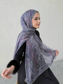 一件雪纺印花头巾，优雅奢华复古色系女士头巾披肩，可作头巾、头巾、长袍配饰、女士面纱，适合搭配连衣裙