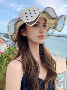 1 pieza Sombrero de verano de mujer estilo bohemio con bordes ondulados, detalle de lazo, ala ancha, sombrero de paja plegable de moda para protección solar al aire libre o diaria, regalo del Día de San Valentín