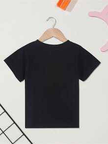 Camiseta de algodón para niñas con estampado de letras de la abuela y patrón de flores, cómoda, casual, de cuello redondo y manga corta - Negro - Ver 2