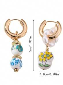 2 buc Cercei ceramici cu fluture și flori, cu mărgele, primăvară/vară, picătură de ulei cu perle artificiale, multicolori, potriviți pentru exterior, plajă, naveta, accesorii de zi cu zi