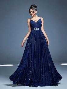 Elegant Women's Blue Sequin Maxi Dress With Spaghetti Straps And Pleated Hem Backless Lace Up Design