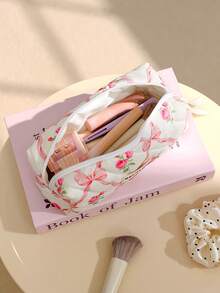 3pcs/1pc Quilted Bowknot & Rose Design Makeup Bag, Fashion Portable Cosmetic Pouch, Pink Makeup Case, Multi-Functional Organizer Bag, Large Capacity Cute Toiletry Bag, Travel Organizer, Mini Brush Holder Handbag, Printed Wash Bag For Lipstick, Brush, Skincare, Phone, Coins, Small Items, For Home, Gift, Holiday And Festival Like Halloween, Christmas