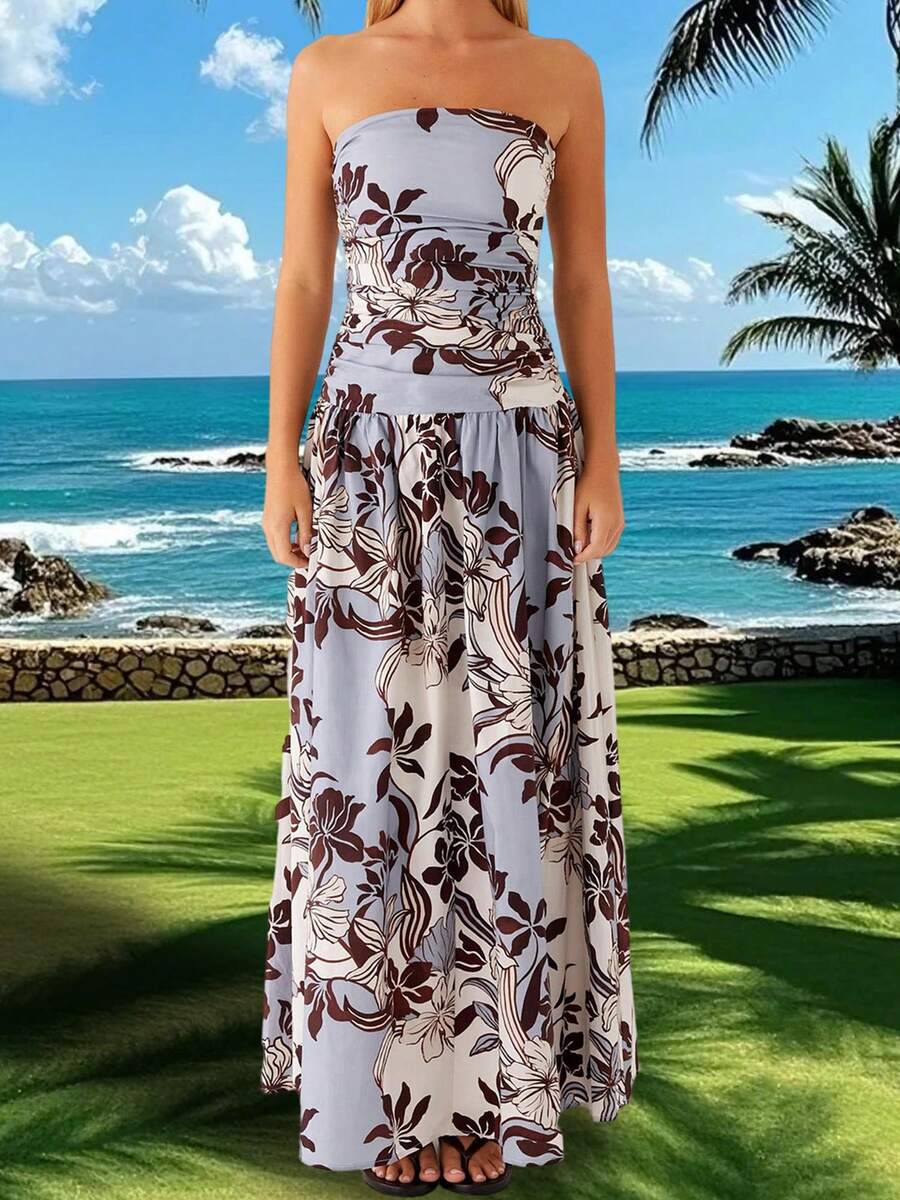 Women's Strapless Tube Top Dress Stylish Floral Print Sleeveless A Line Tube Long Dress For Spring Summer - Coffee - View 1