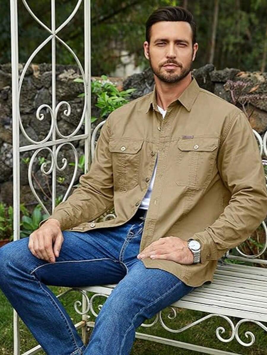 Men's Casual Cotton Cargo Shirt With Long Sleeves For Camping, Military Combat, Hiking, Fishing, Premium Spring Summer - Màu Khaki - Xem 1