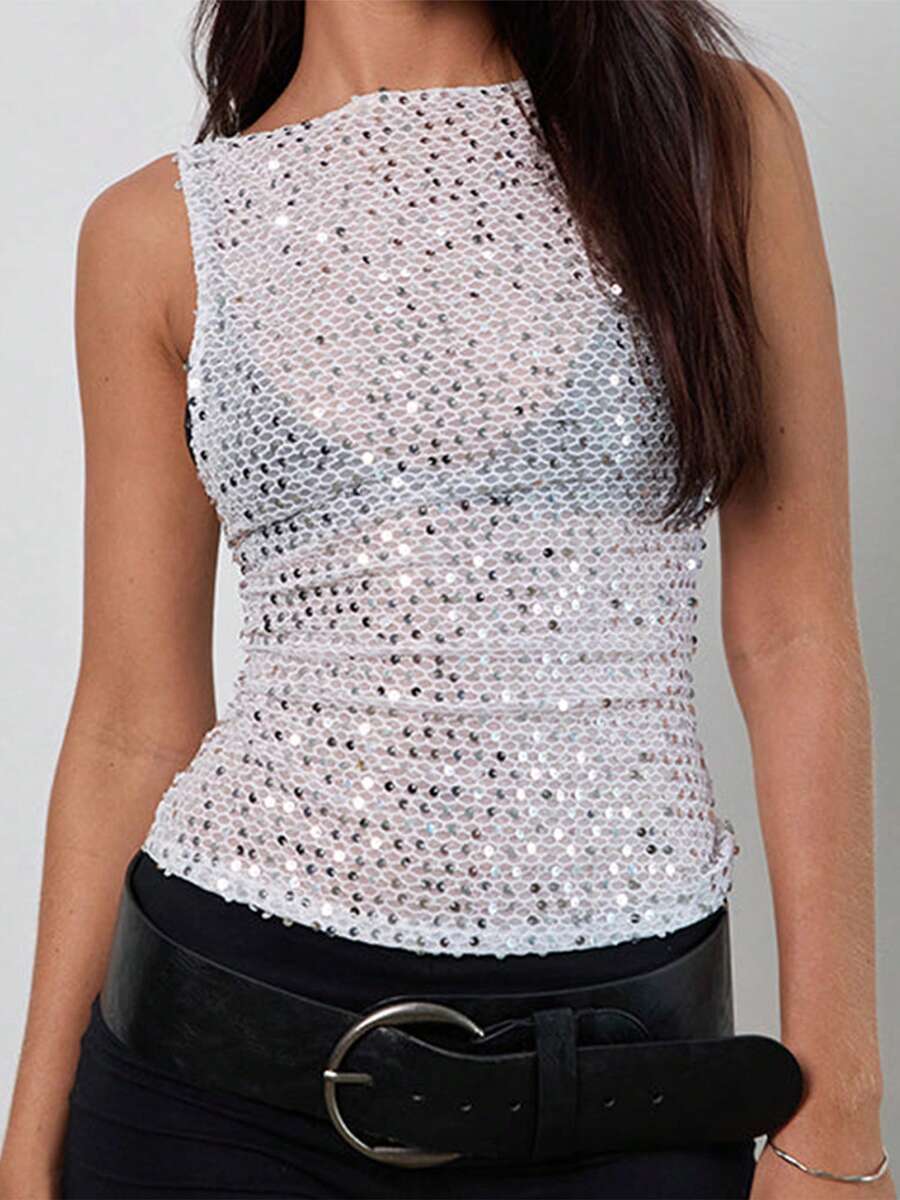 Women's Sequin Tank Tops Slim Fit Sheer See Through Stylish Solid Casual Sleeveless Vest For Summer  Spring - White - View 1
